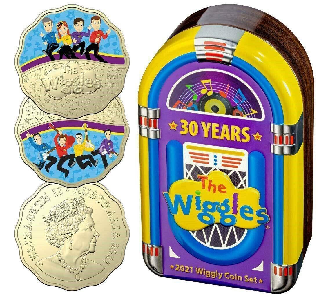Australia 2021 30c 30 Years Wiggles Coloured UNC Scalloped 2-Coin in Jukebox Tin