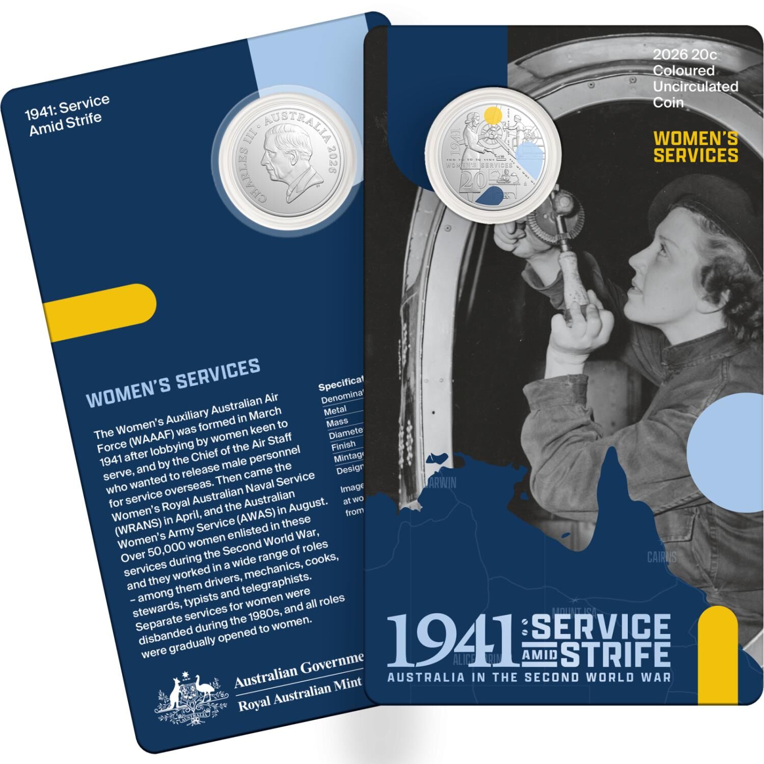 2026 20 cent Coloured Three Coin Set - 1941 Service & Strife - Australia in the