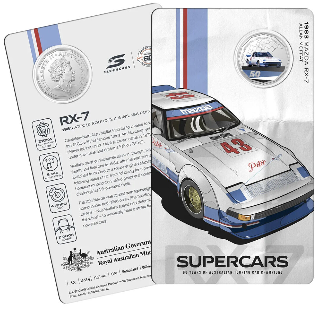 2020 50c 60 Years of Supercars - 1983 Mazda RX-7 Allan Moffat Uncirculated Coin