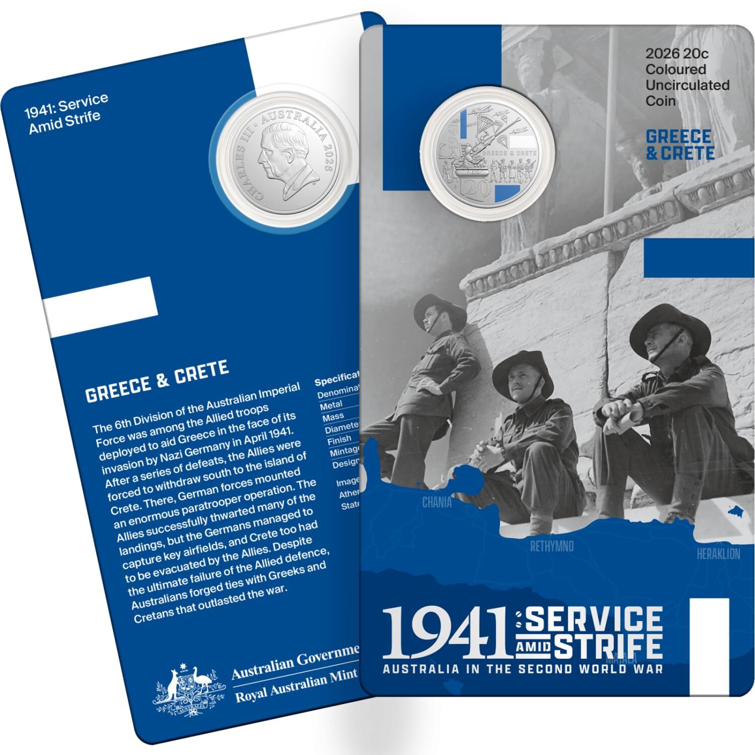 2026 20 cent Coloured - 1941 Service & Strife - Australia in the Second World Wa