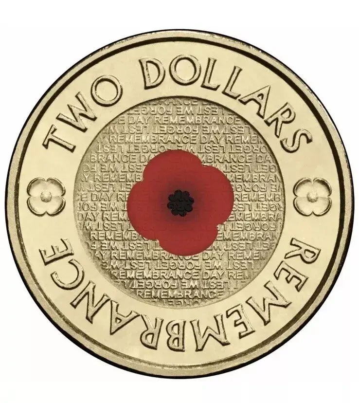 UNC 2012 $2 AUSTRALIA REMEMBRANCE DAY RED POPPY COLOURED COIN- EX ROLL