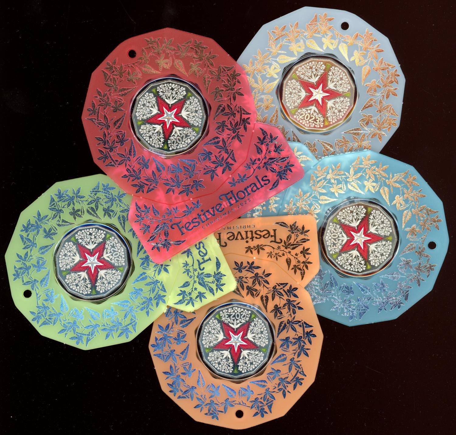 50c 2023 Festive Florals Set 5x AUS Fifty Cent Coloured Coins NEW
