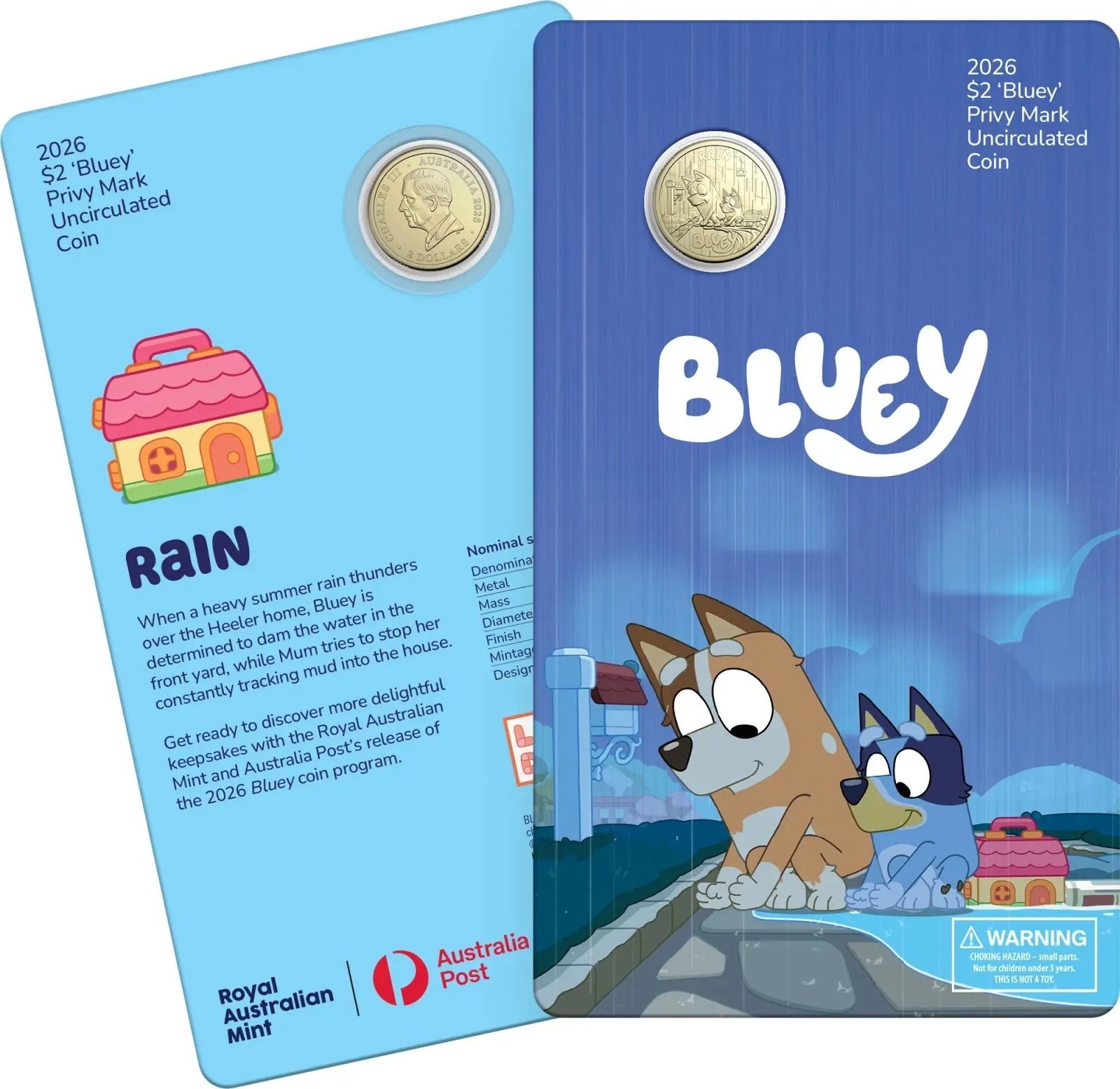 Bluey - Rain - 2026 Privy Mark Coin in Card $2 Bingo Blue Australia RAIN