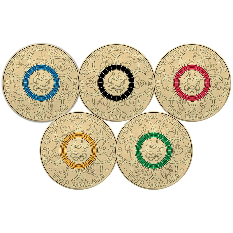 2016 $2 AUSTRALIAN RIO OLYMPIC GAMES TEAM COIN SET OF 5 COLOURED COINS