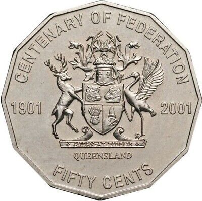 Circulated 2001 50c Fifty Cent QUEENSLAND " QLD " Centenary of Federation Commor