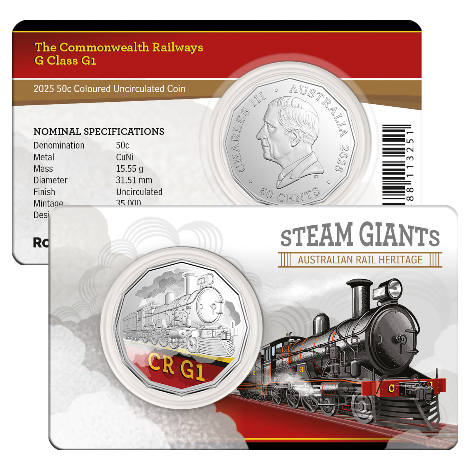 2025 50 cent Steam Giants - Australian Rail Heritage - Seven Coin Coloured UNC C