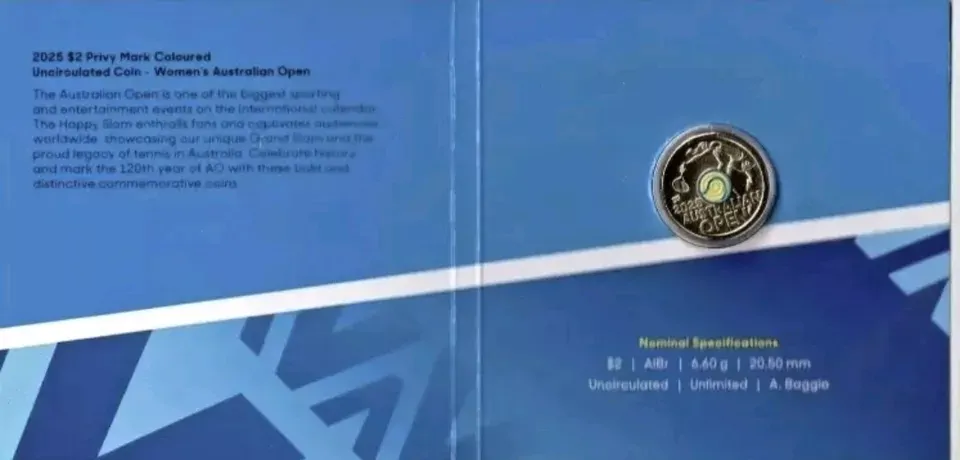 2025 Women’s Australian tennis  Open YELLOW $2 Privy Mark Coin in Folder