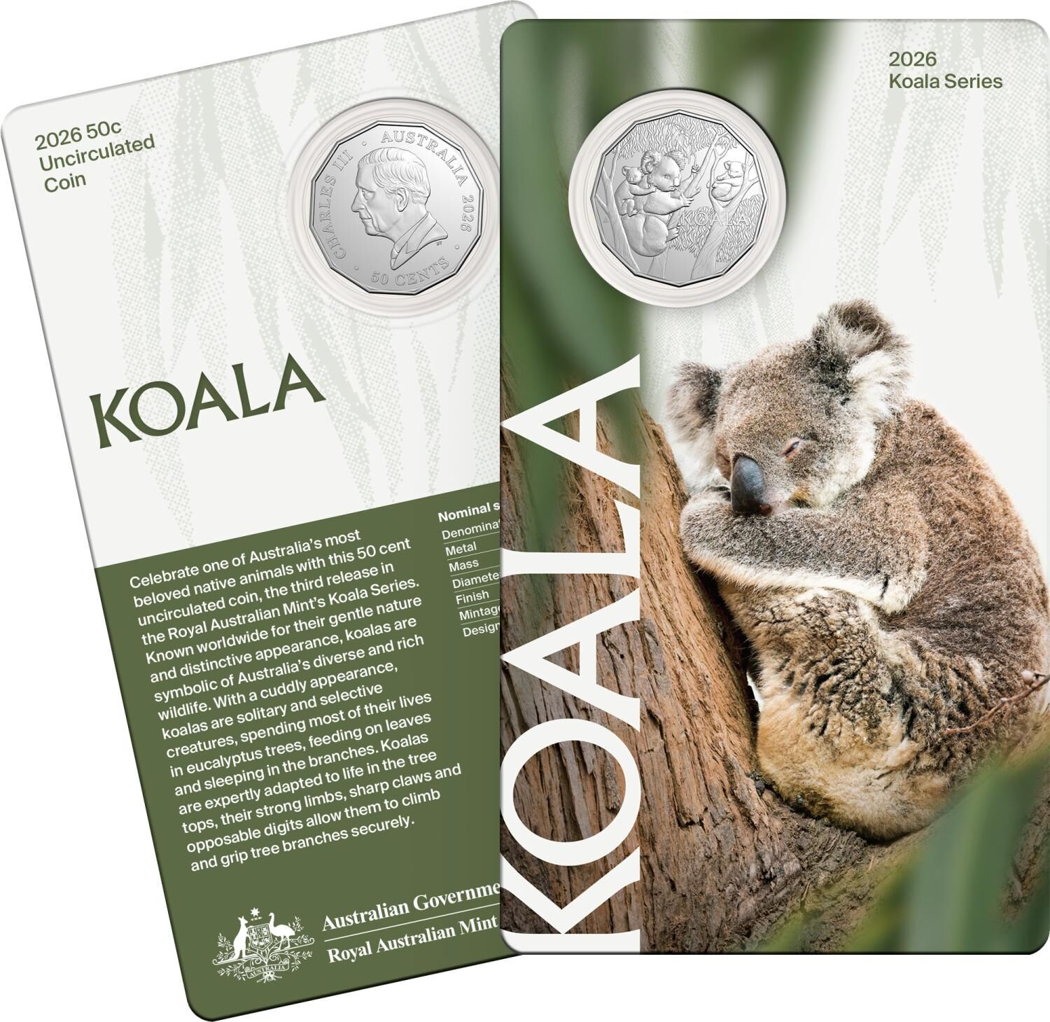 2026 50 cent Koala series CuNi UNC Coin on card