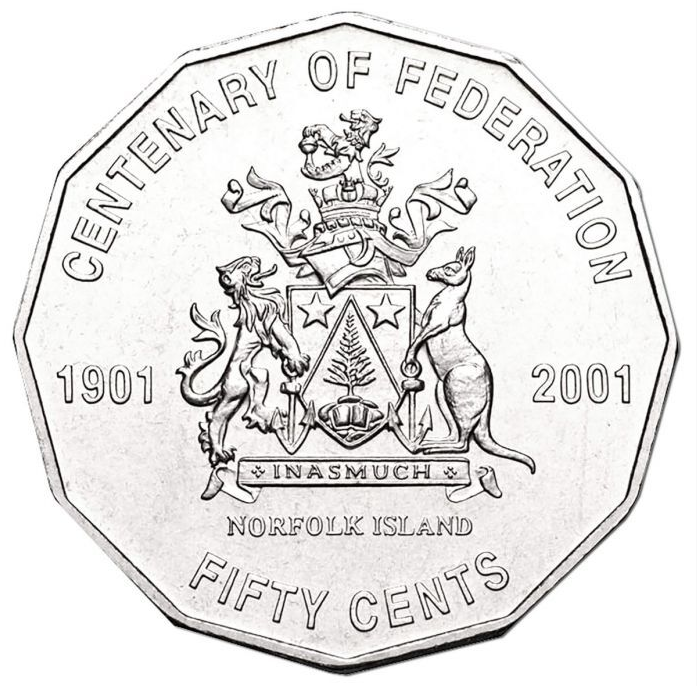 2001 50c Fifty Cent Coin Centenary Of Federation NORFOLK ISLAND CIRCULATED (2.2m