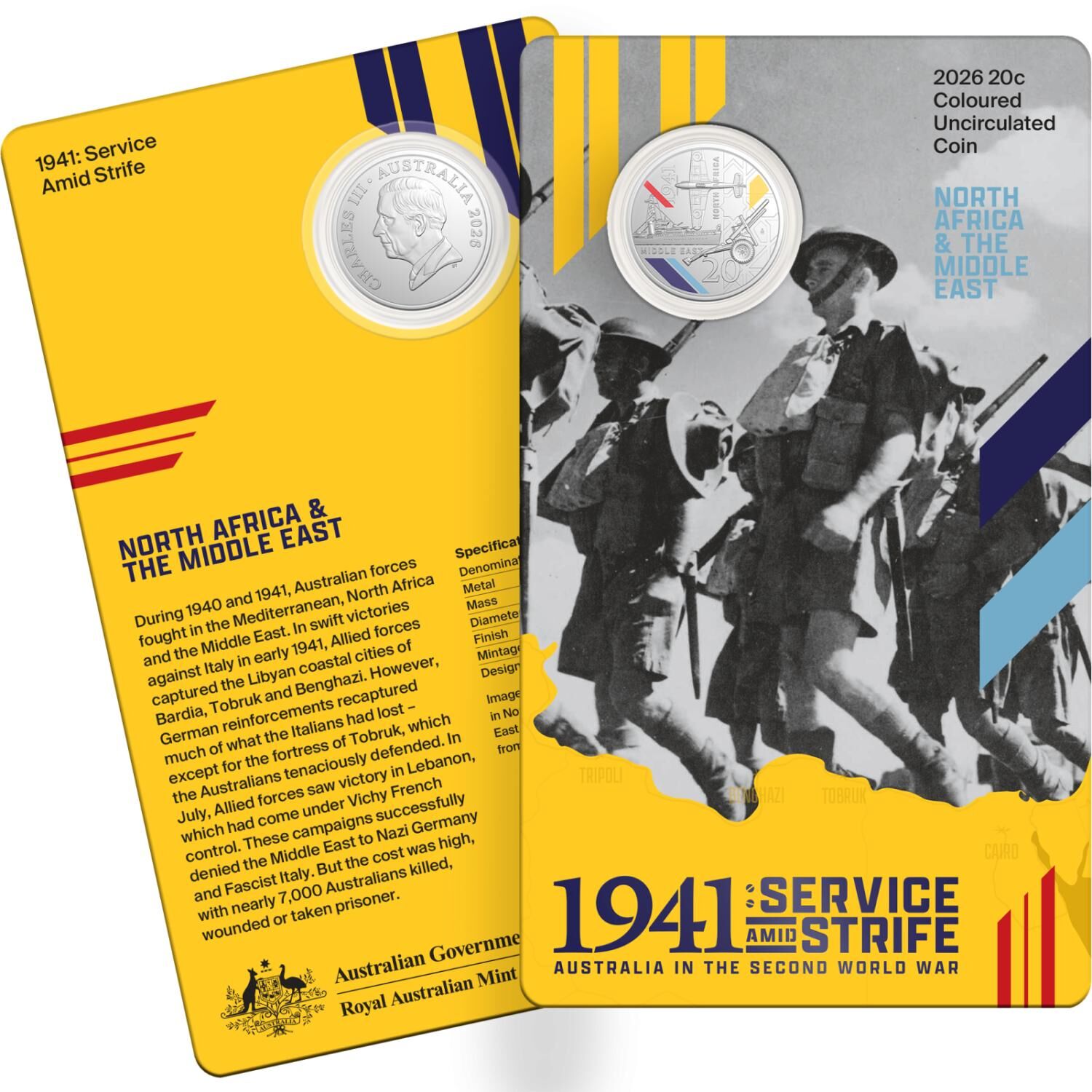 2026 20 cent Coloured - 1941 Service & Strife - Australia in the Second World Wa