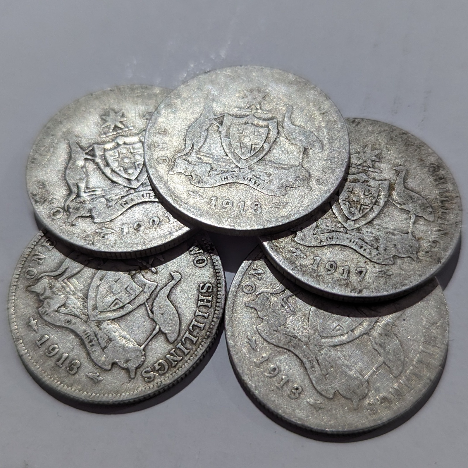 One Florin Two Shilling 1913 - 1921 Australian Silver Coin Heavily Circulated