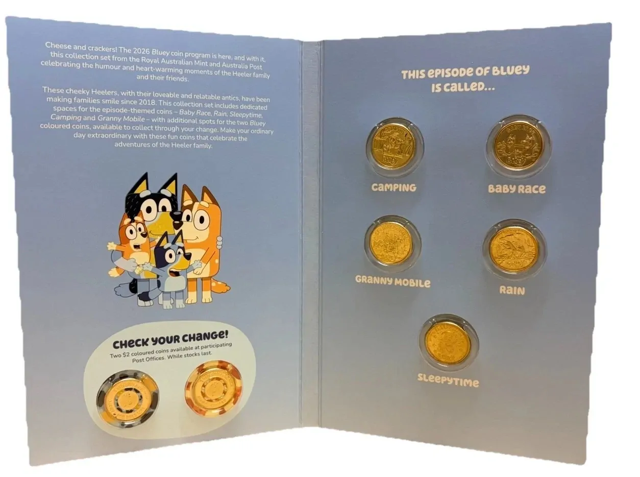 2026 BLUEY $2 COMPLETE SET OF 7 COINS not 5 INCLUDE THE 2 COLOUR TILL COINS IN F