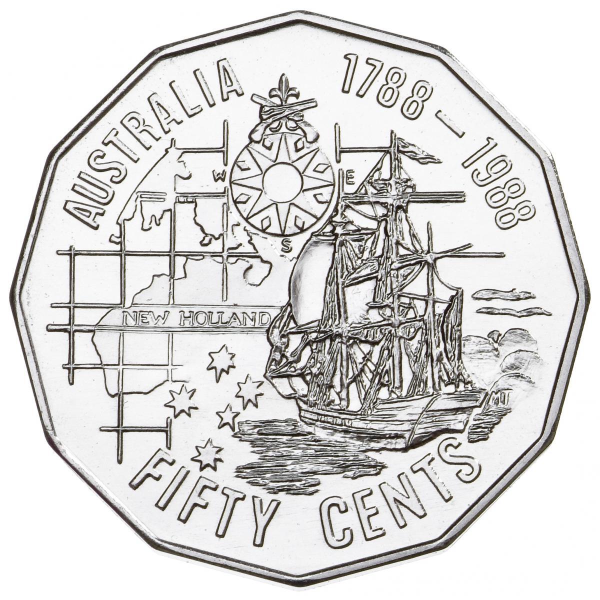 1988 Australian Bicentennial 50c Endeavor First Fleet Fifty Cent Circlulated Coi