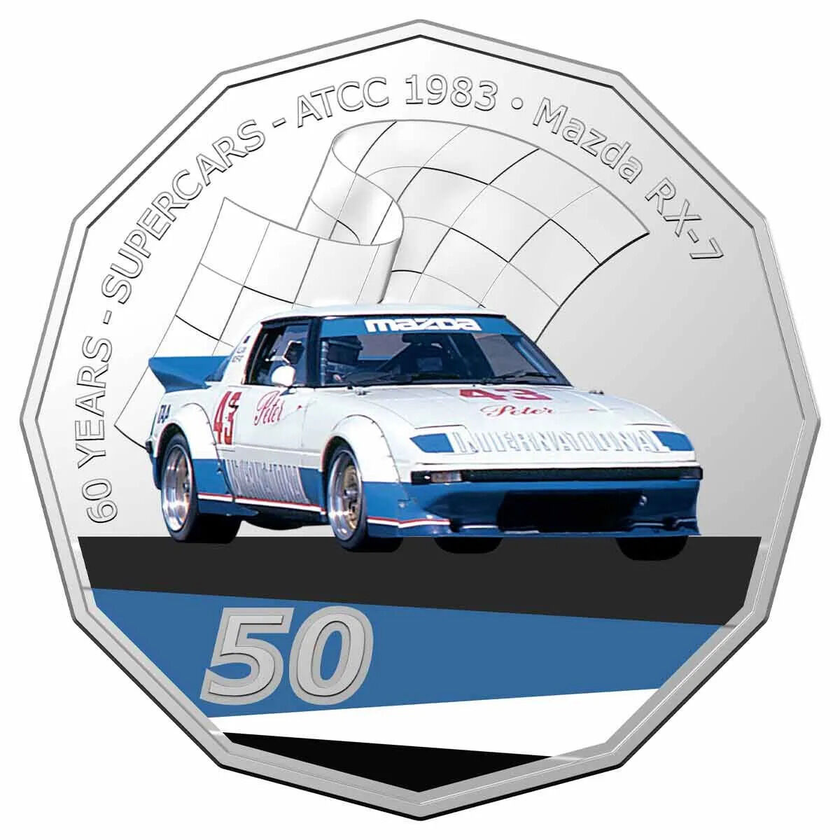 2020 50c 60 Years of Supercars - 1983 Mazda RX-7 Allan Moffat Uncirculated Coin