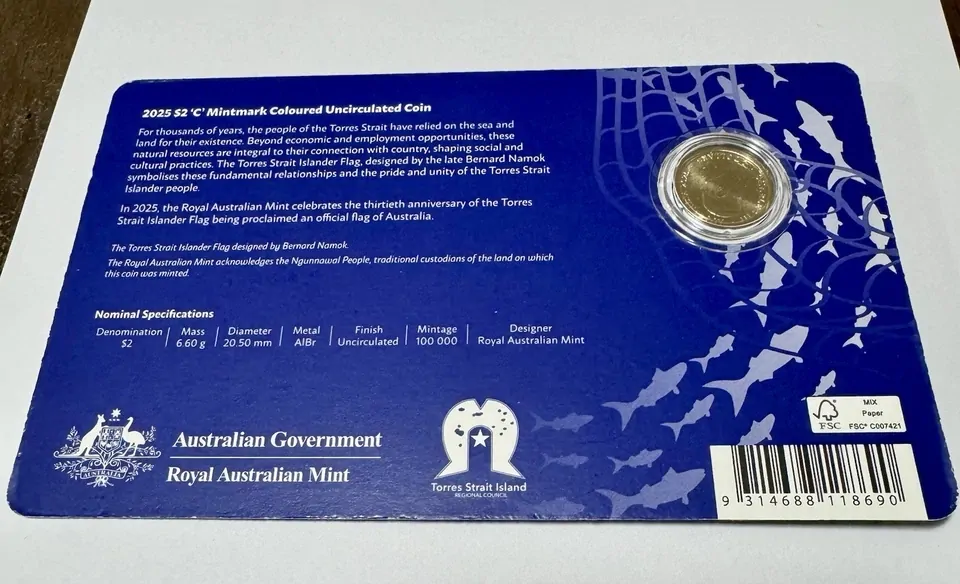 $2 2025 Torres Strait Islander Flag 'C' Mintmark UNC carded collectable coin