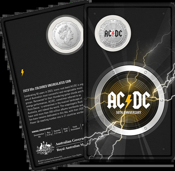 50c 50th Anniversary Of AC/DC - 2023 50c Coloured Uncirculated Coin