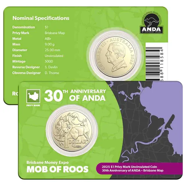 Australia ANDA Brisbane Money Expo 2025 $1 ANDA 30th Anniversary Map of Brisbane