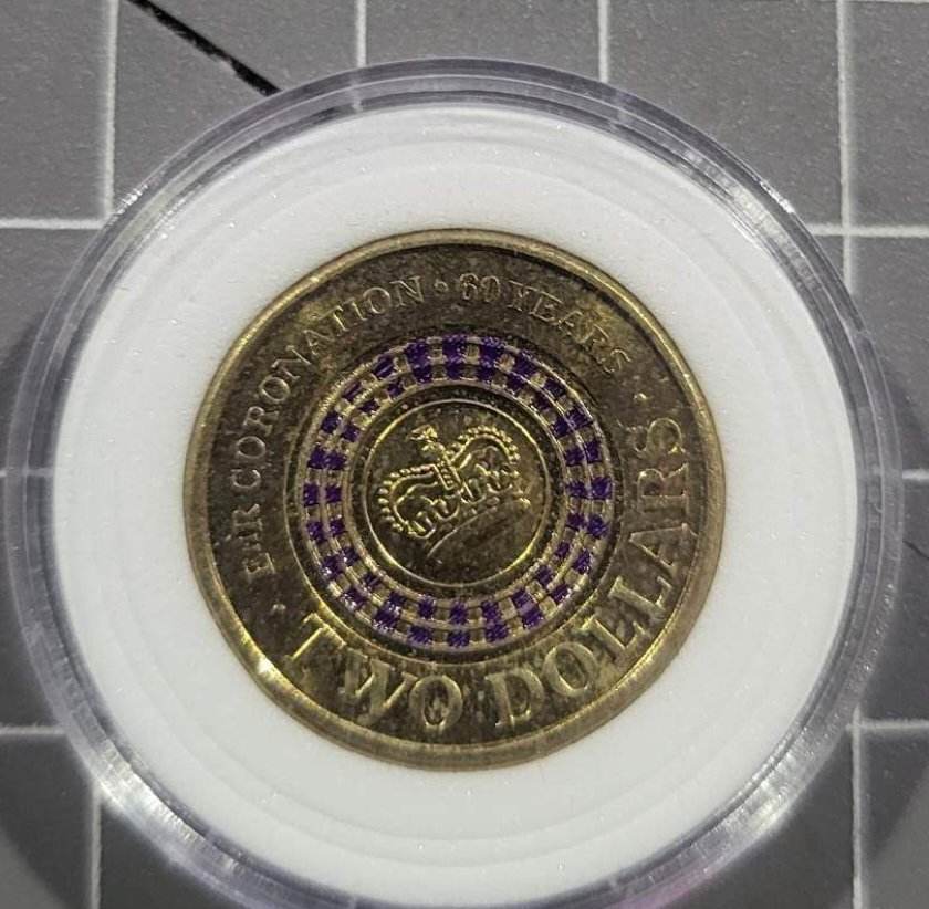 (NB) 2013 AUSTRALIAN TWO DOLLAR $2 COLOURED COIN PURPLE QUEEN'S CORONATION light