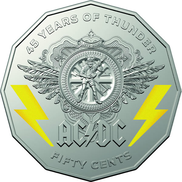 2018 50¢ ACDC - 50c Coloured CuNi UNC coin on card 45 years of thunder